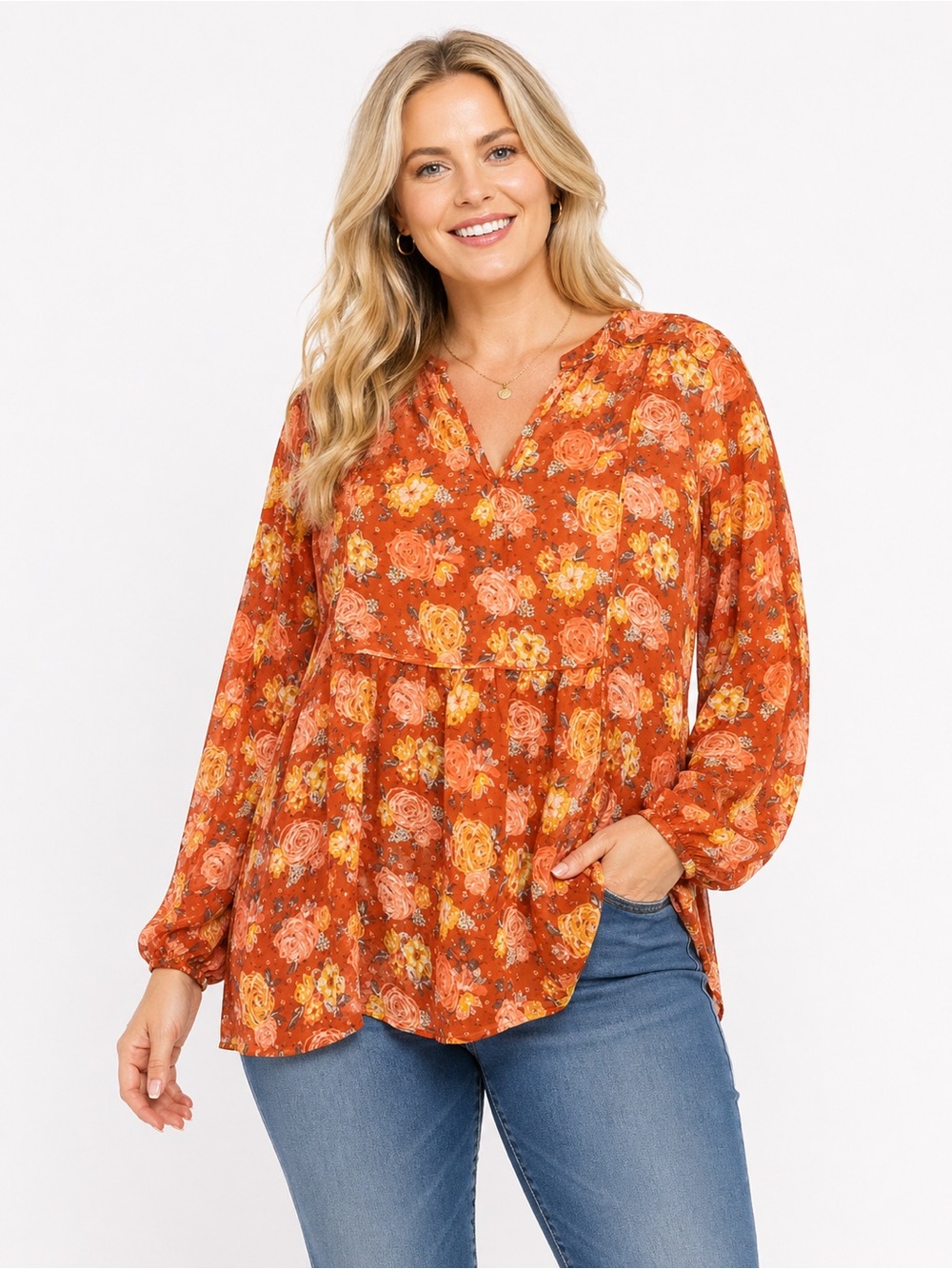 EUC Matilda Jane Size Large Orange Floral Blouse‎